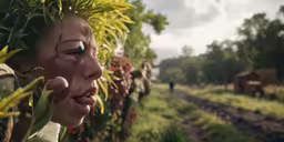 a woman standing outside with green vegetation and dirt