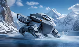 a futuristic vehicle is crossing some water