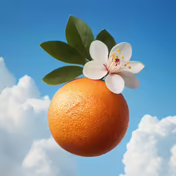 an orange with a flower and leaves is suspended from the sky
