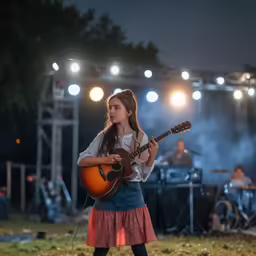 a girl is standing on the grass playing the guitar