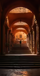 the inside of an archway with a person walking down it