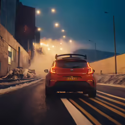 a car driving down a street near light poles