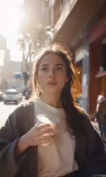 a woman with a white cup looking at the camera
