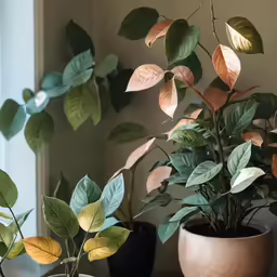 various potted plants, including one with green and gold leaves