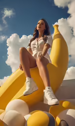 a woman sits on a giant banana like structure