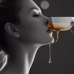a young woman enjoying the drop of syrup while pouring it into her cup