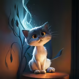 a grey and white cat sitting on top of a wooden table