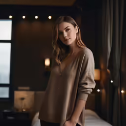 a young woman wearing a tan sweater and black pants