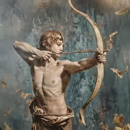 a man with a long bow holding a snake