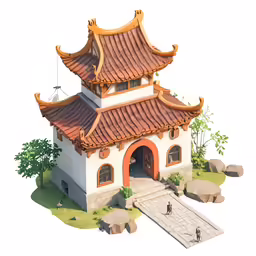 a stylized rendering of an asian style house