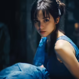 a girl wearing a blue dress and a bun