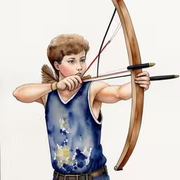 a boy who is shooting the bow has been drawn by someone else,a drawing of a young boy shooting with a bow