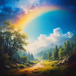 a painting of a rainbow in the sky and a dirt road