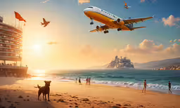 a dog standing on the beach as a plane flies overhead,a dog on the beach near a cruise ship