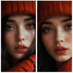 two photos of a woman with freckled hair wearing an orange hat