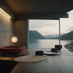 a table with two cups and plates on it