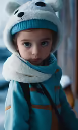 the little girl wearing a bear hat and blue coat is standing in the snow