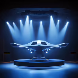 an illuminated vehicle is on display in the dark