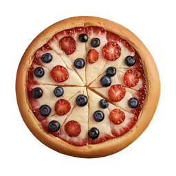 a pizza with several slices, cheese and strawberries