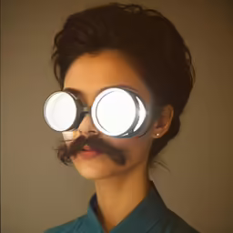 a woman with a moustache holding a pair of magnifying glasses in front of her face