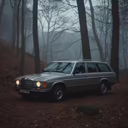 an old car parked on the side of a hill