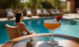 a person is sitting in front of a pool with a drink and a straw