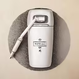 a white and black cell phone with a pen on top of it