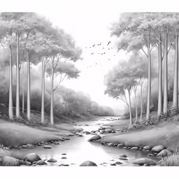 black and white image of river in a wooded area