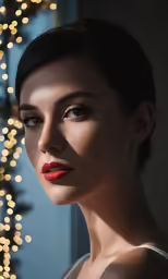 an attractive woman with red lipstick standing in front of christmas lights