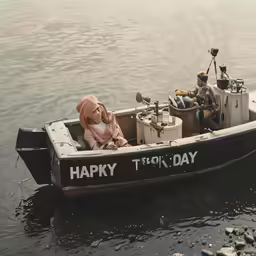 a couple sitting in a boat with fishing gear