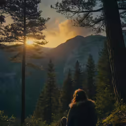 a person sitting in the forest with a sunset behind them