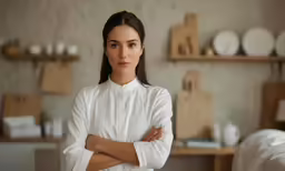 a young woman in a white top standing with her arms crossed