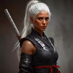 an image of a woman wearing black armor and holding a sword