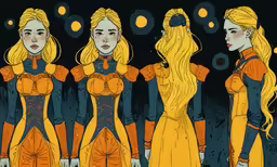 three female characters are depicted in front of a black background