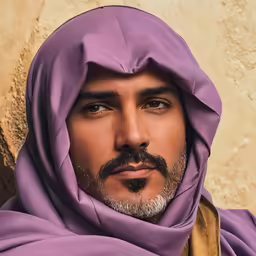 a close up of a person wearing purple with a beard