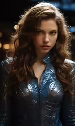 a woman with long brown hair and blue shirt