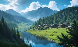 several houses are in the background while a beautiful river flows through it