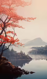 an island with some red leaves and a tree next to it