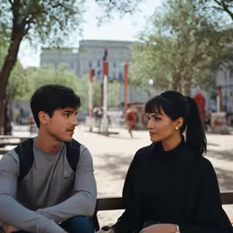 a young man and a woman sitting on a bench