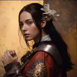 an artistic portrait of a girl with a flower in her hair