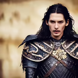 a man in armor standing by himself and posing for the camera