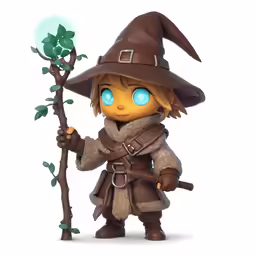 an animated scarecrow dressed in brown holds a broom and leaves