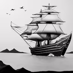 a black and white photo of an old style ship