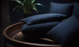 a large wooden table with pillows and a plant on it