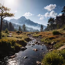 a stream runs through a mountain meadow with rocks