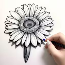 a drawing of a sunflower with a point pen
