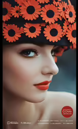 a magazine cover for a woman with red and black flowers