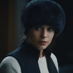 the woman is wearing a hat with fur on it