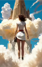 a woman standing on clouds above a city