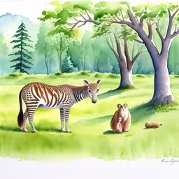 a painting of a zebra and a bear in a field